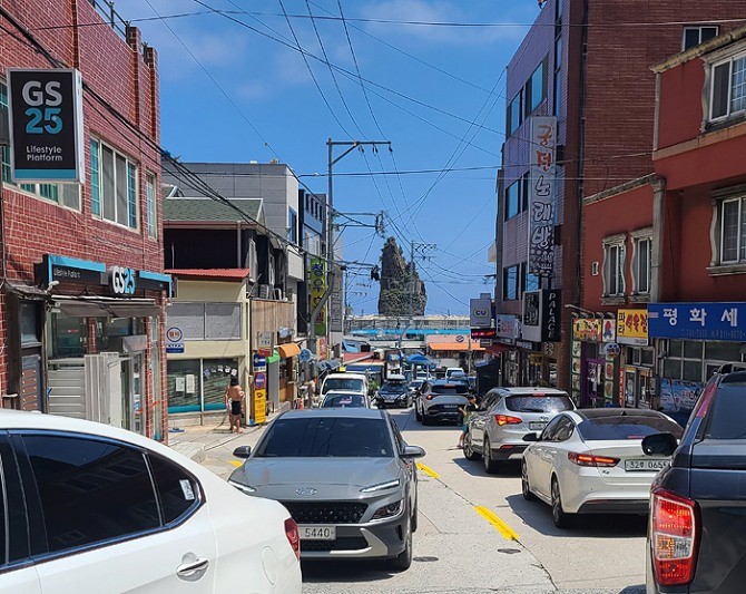 울릉 저동마을 왕복 2차선 도로가 차와 차들이 뒤엉켜 도로는 마비되고 있다. 사진=독자제공