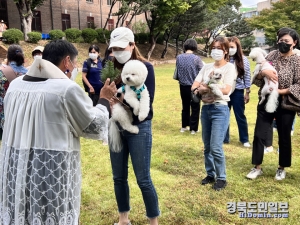 지난 4일 천주교 대구대교구 잔디 광장에서 담당 신부가 성수로 반려동물을 축복하고 있다.